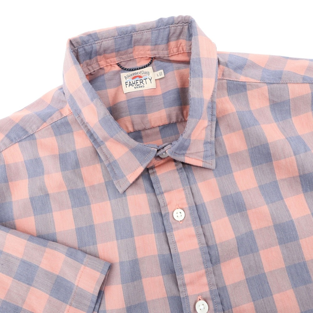 FAHERTY BRAND Mens Short Sleeve Checkered Button Down‎ Shirt Coral Gray Large